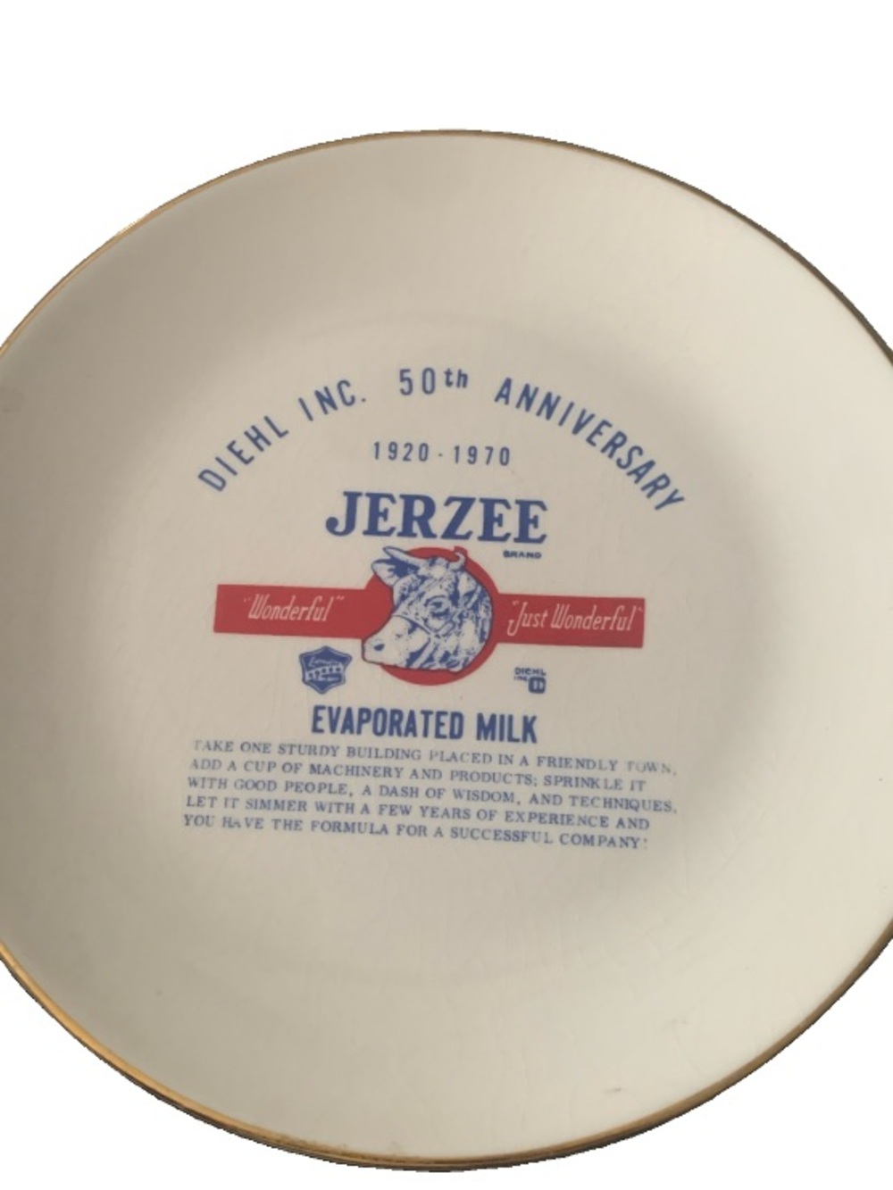 Vintage Diehl Inc Jerzee Evaporated Milk 50th Anniversary Commemorative Plate